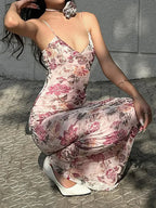 Retro Floral Print Cami Backless Wrap Floral Dress