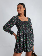 Retro Floral Print Ruffled Trim Square Neck A-Line Short Floral Dress