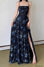 Black Spaghetti Strap Square Neck Floral High Split Pleated Maxi Dress