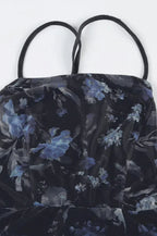 Black Spaghetti Strap Square Neck Floral High Split Pleated Maxi Dress