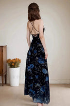 Black Spaghetti Strap Square Neck Floral High Split Pleated Maxi Dress