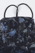 Black Spaghetti Strap Square Neck Floral High Split Pleated Maxi Dress
