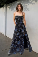 Black Spaghetti Strap Square Neck Floral High Split Pleated Maxi Dress