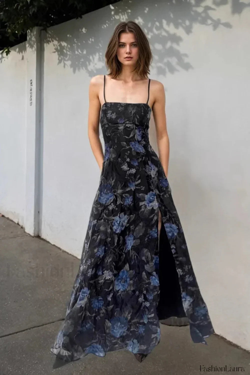 Black Spaghetti Strap Square Neck Floral High Split Pleated Maxi Dress