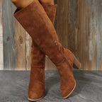 Retro High Heel Western Cowboy Chunky Winter Warm Plush Leather Suede Knee High Boot