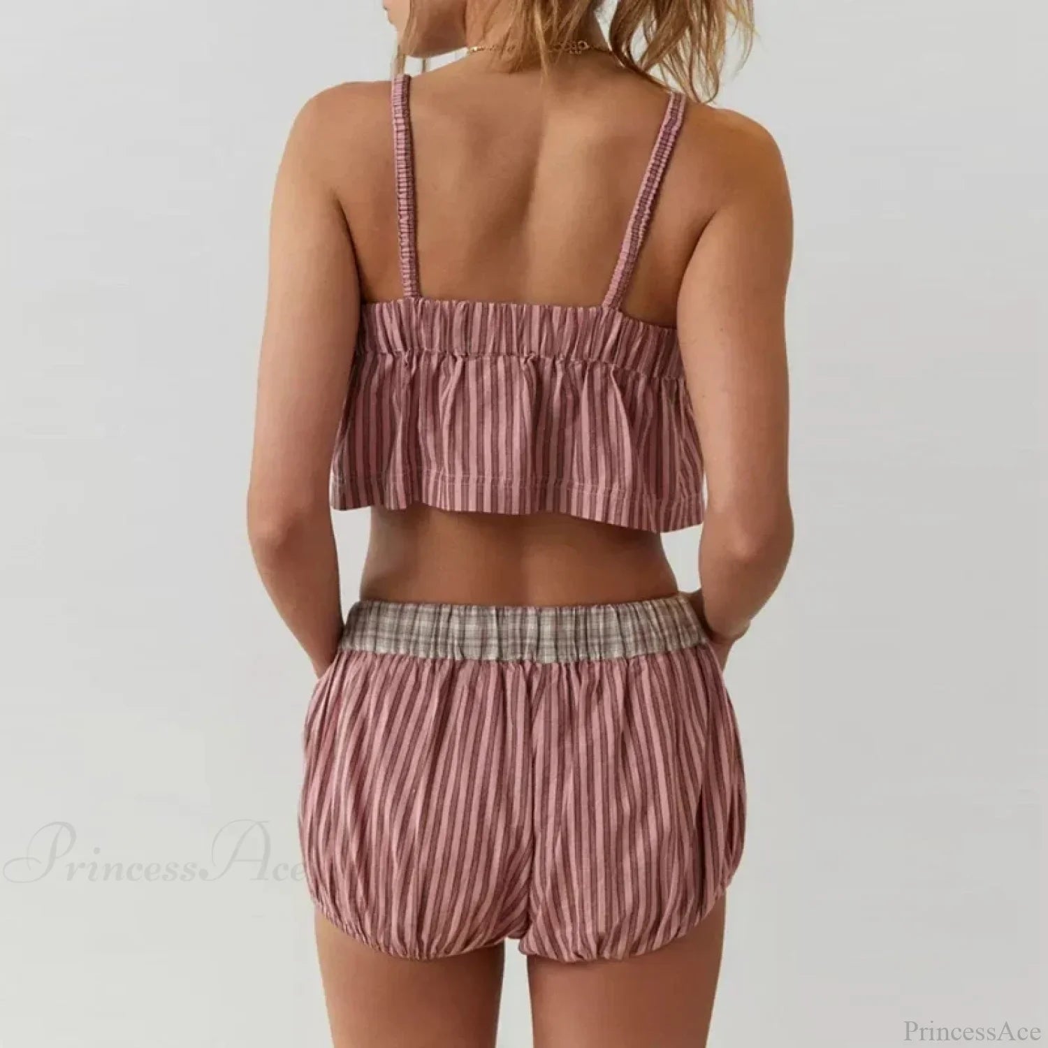 Retro Kawaii Plaid Patchwork Camis Crop Top Shorts Two Pieces Set