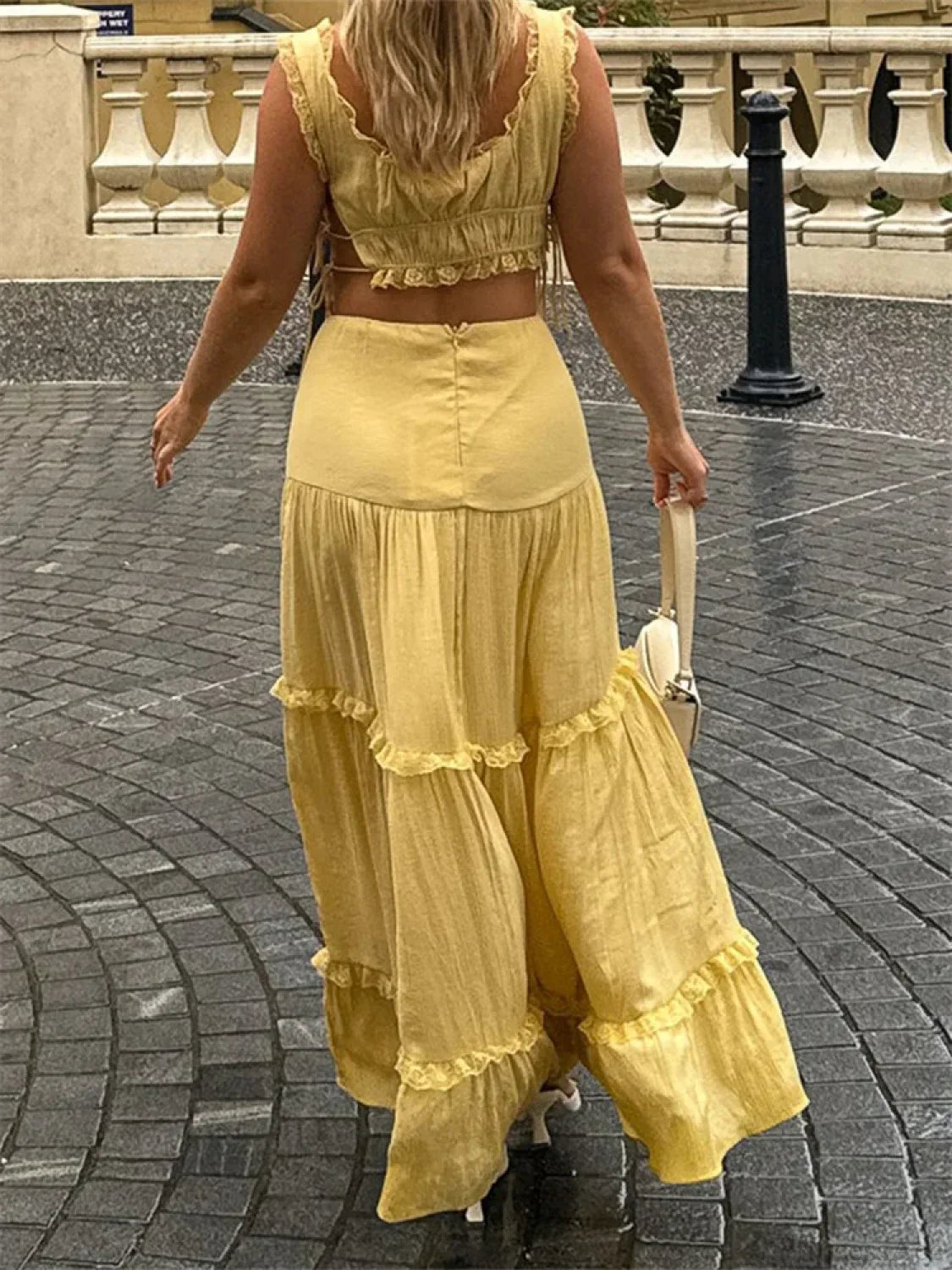 Retro Lace Trim Sleeveless Square Neck Tank Crop Top with Long Skirt Set