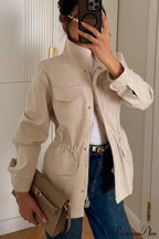 Retro Solid Collared Elastic-Waist Long-Sleeve Trench Jacket