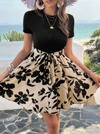 Retro Spliced High Waist Floral Print Dress
