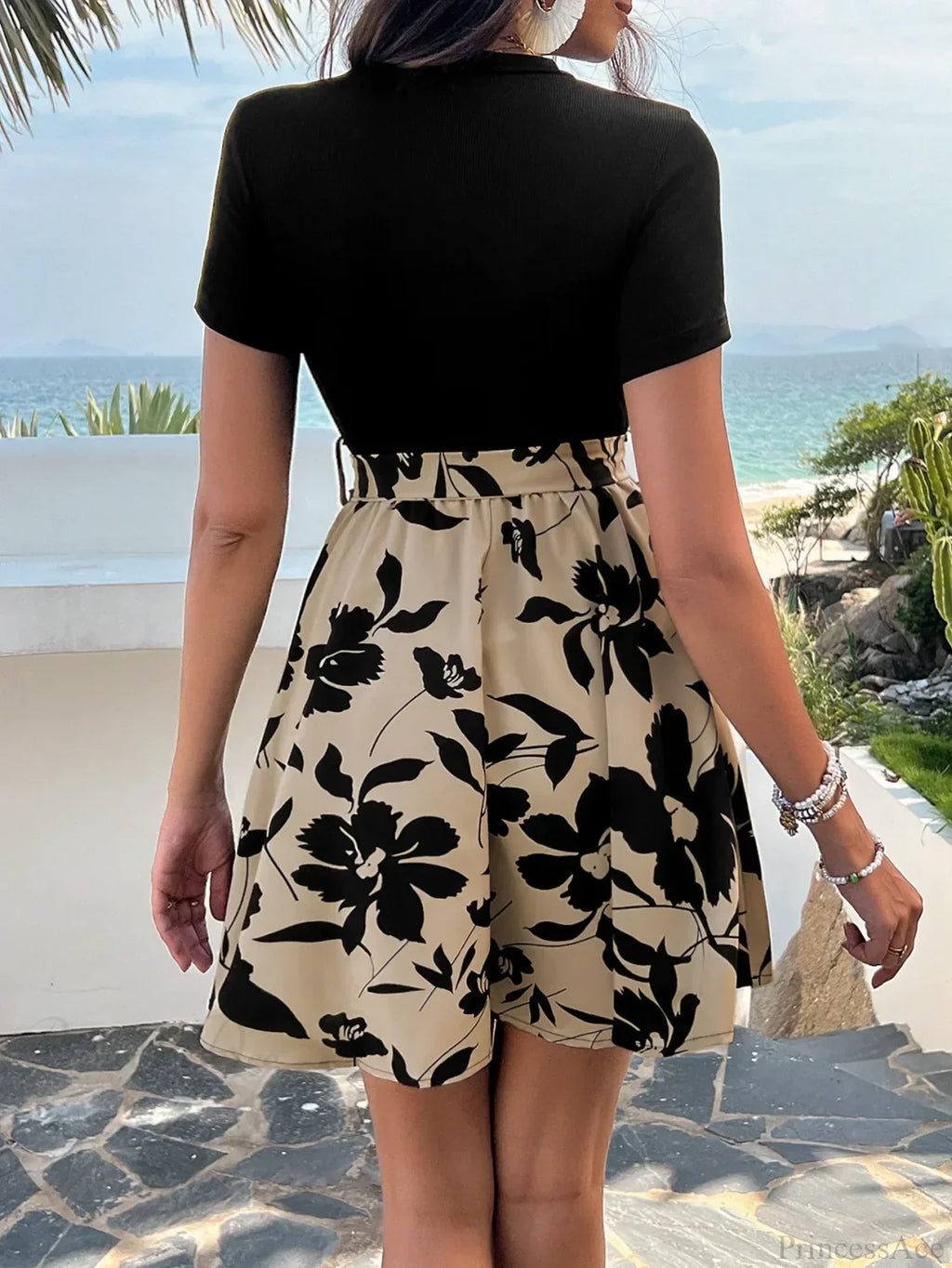 Retro Spliced High Waist Floral Print Dress