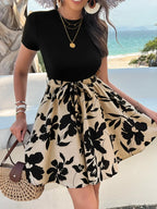 Retro Spliced High Waist Floral Print Dress
