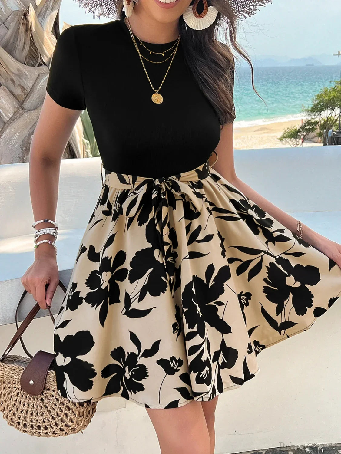 Retro Spliced High Waist Floral Print Dress