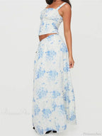 Retro Square Neck Button Up Tank Top Flower Print Long Skirt