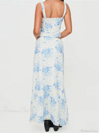 Retro Square Neck Button Up Tank Top Flower Print Long Skirt