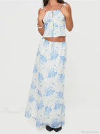 Retro Square Neck Button Up Tank Top Flower Print Long Skirt