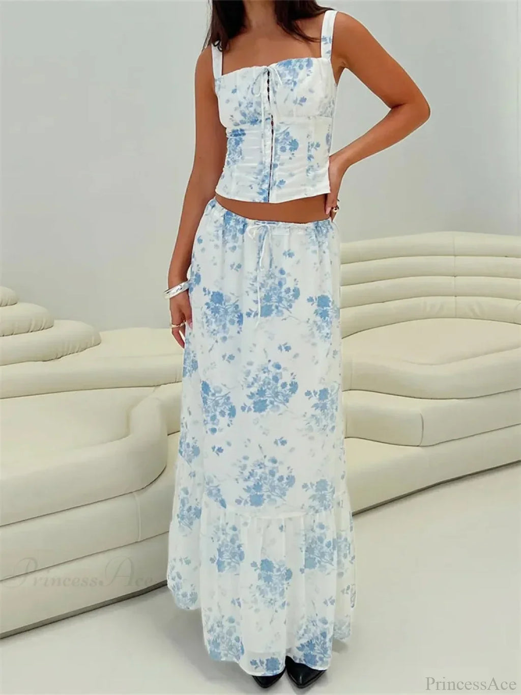 Retro Square Neck Button Up Tank Top Flower Print Long Skirt