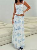 Retro Square Neck Button Up Tank Top Flower Print Long Skirt