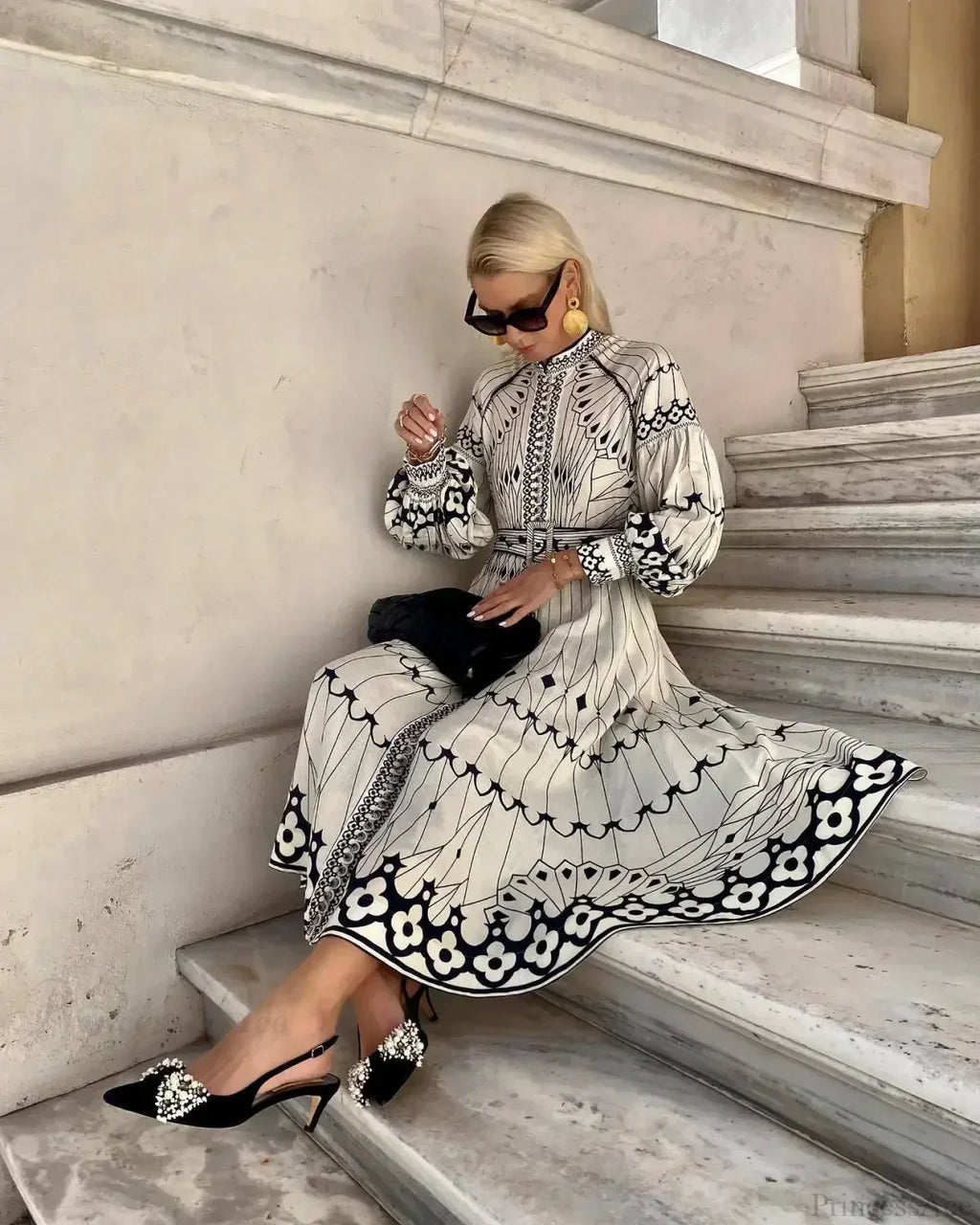Retro Stand Collar Belted Boho Dress