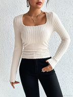 Retro Thick Pit Strip Waist Slimming Pleated Long Sleeve T-shirt Women