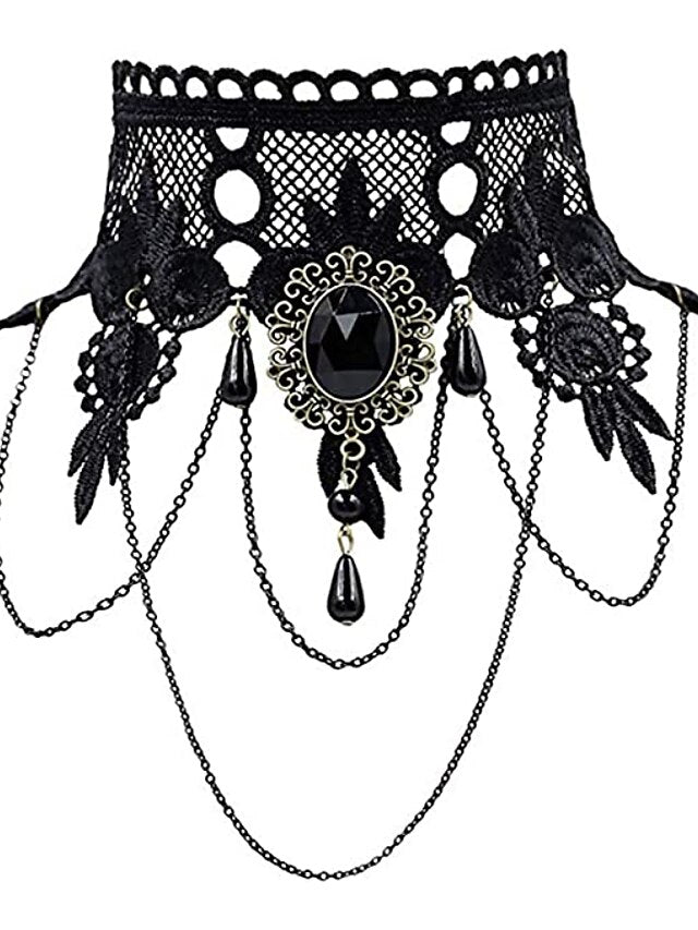 Lace Tattoo Choker Necklace Punk Fashion Jewelry for Women and Girls Vintage Gothic Style with Artificial Gemstones