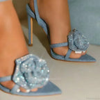 Rhinestone Butterfly-knot Square Head Stiletto Sandals Peep Toe Crystal Narrow Band Ankle Strap High Heel