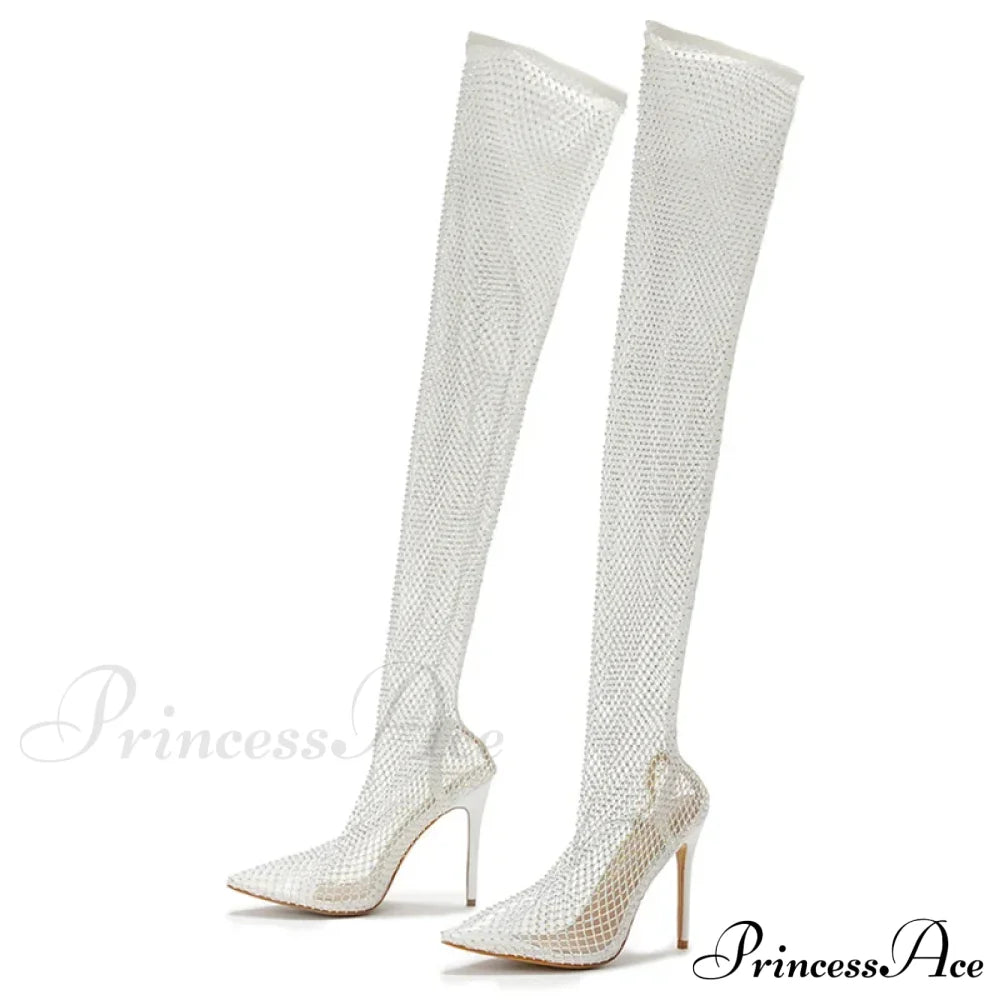 Rhinestone Fishnet Mesh Women Pumps High Heels Over-The-Knee Boots