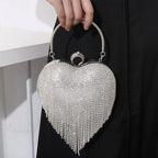 Rhinestone Heart Pattern Silver Evening Clutch Wedding Bridal Purse