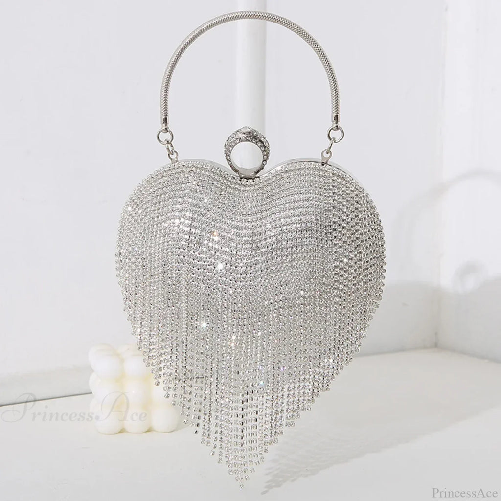 Rhinestone Heart Pattern Silver Evening Clutch Wedding Bridal Purse