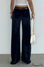 Rhinestone Lace Waist Patchwork Velvet Pants