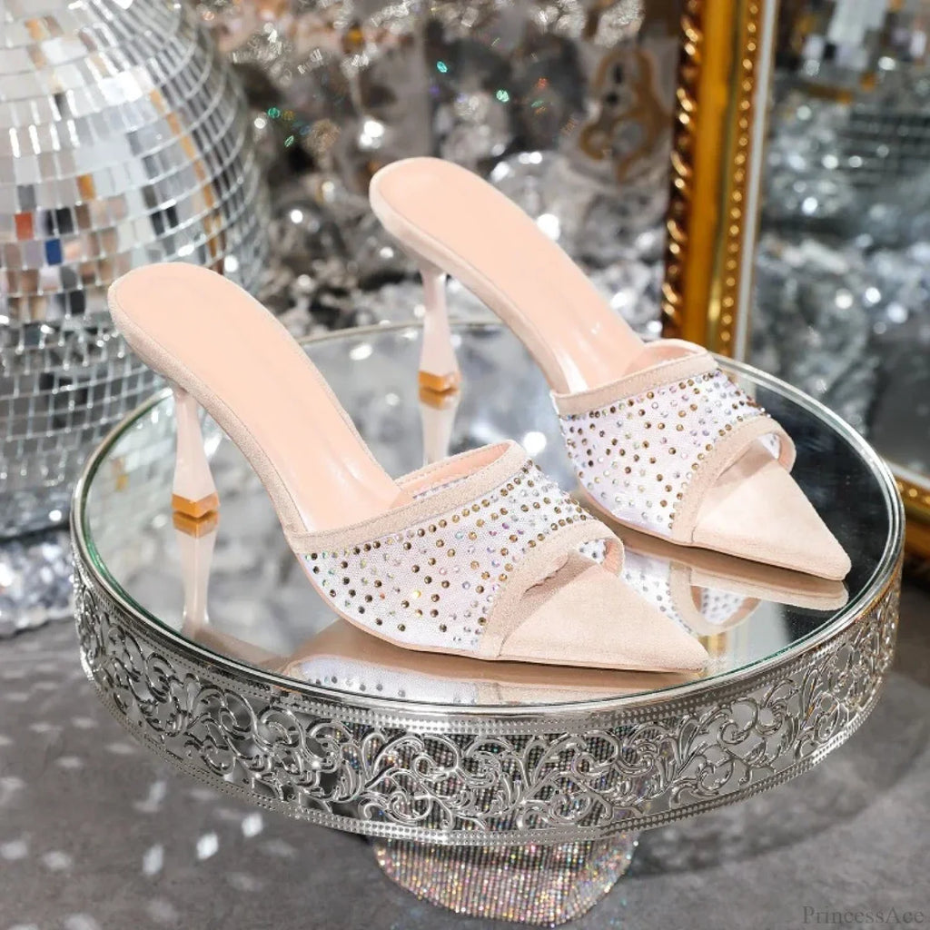 Rhinestone SlippersFashion Stiletto High Heels Pointed Open Toe Slides Party Sandals High Heel