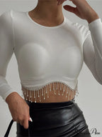 Rhinestone Tassel Crewneck Elegant Long Sleeve T-shirt Crop Top