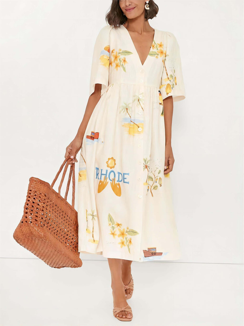 Tropical Graphic Print Puff Sleeve Button Front Empire Maxi Dress