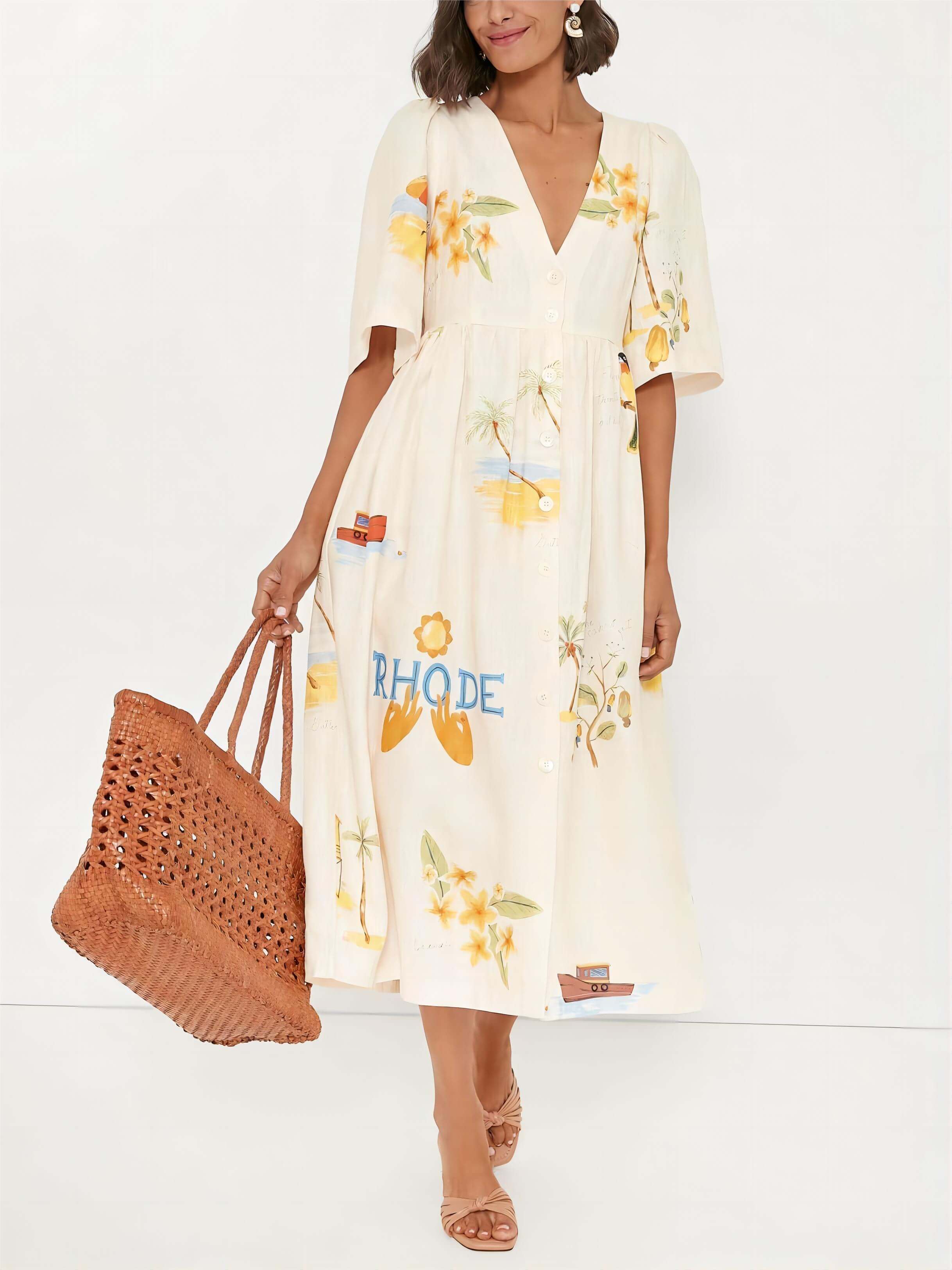 Tropical Graphic Print Puff Sleeve Button Front Empire Maxi Dress