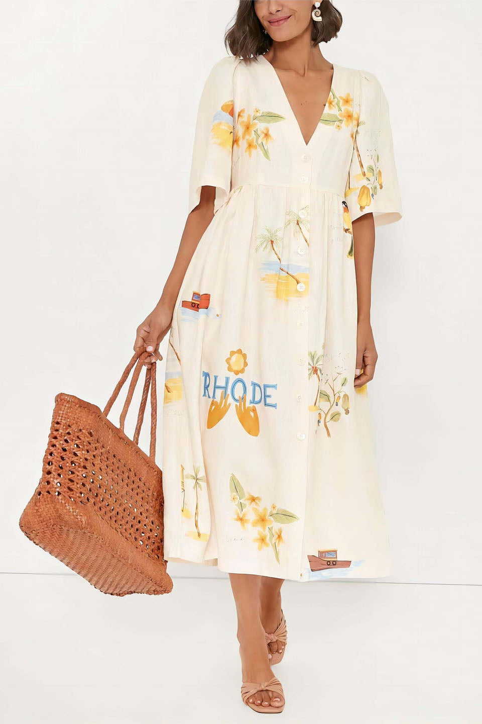 Yolaina Chic Printed Linen Midi Dress Silhouette Collection