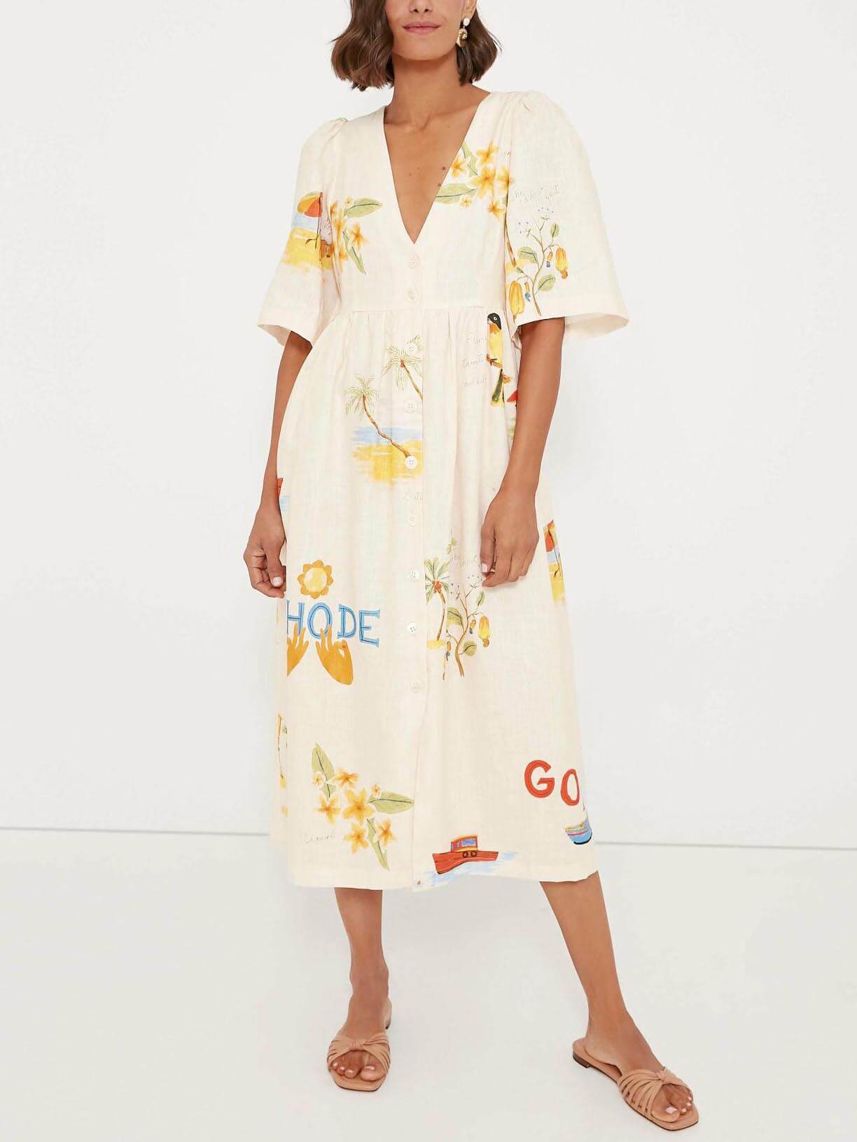 Tropical Graphic Print Puff Sleeve Button Front Empire Maxi Dress