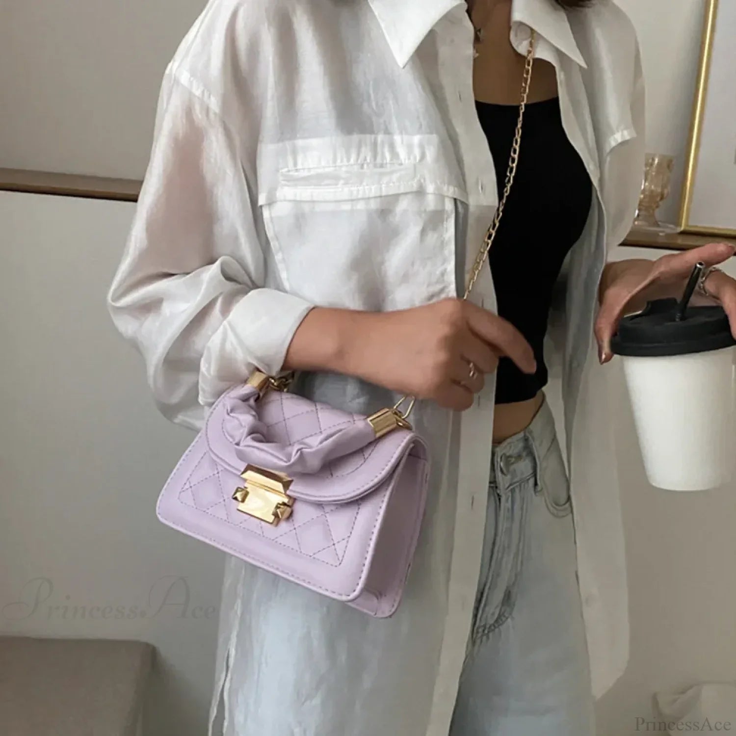 Rhomboid Chain PU Leather Messenger Handbag