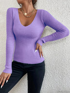 Rib Knit V-Neck Stripe Pullover Sweater Knit Top