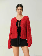 Ribbed Bow Tie Cable Knit Cardigan