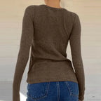 Ribbed Knit Slim Fit Button Front Long Sleeve Sweater Women