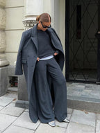 Ribbed Woolen Double-Breasted Overcoat