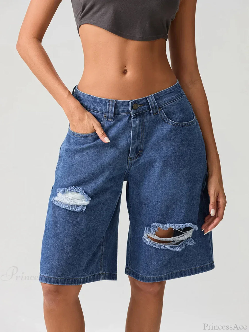 Ripped Button Knee-Length Denim Short