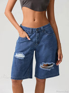 Ripped Button Knee-Length Denim Short