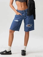Ripped Button Knee-Length Denim Short