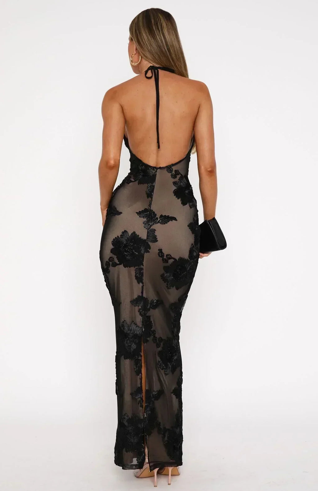 Mesh 3D Floral Applique Halter Neck Sleeveless Bodycon Maxi Dress