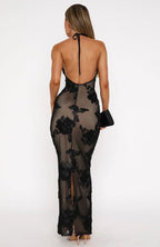 Mesh 3D Floral Applique Halter Neck Sleeveless Bodycon Maxi Dress