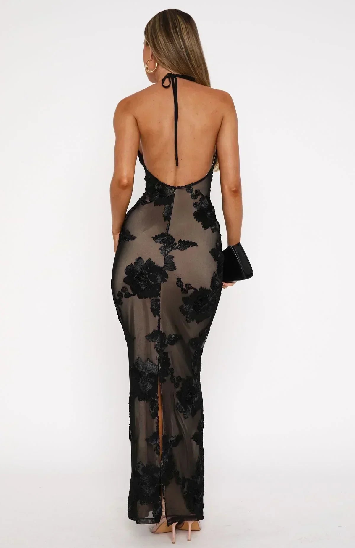 Mesh 3D Floral Applique Halter Neck Sleeveless Bodycon Maxi Dress