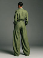 Olive Green 2 Piece Set For Women - Button Down Shirt And Retro High Waist Wide Leg Trouser - Spring Office Casual 2026