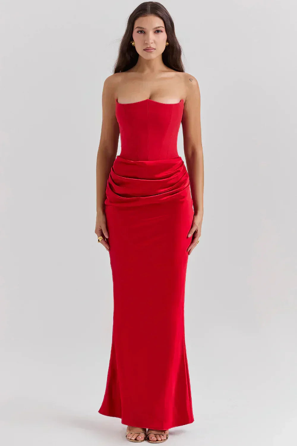 Strapless Peaked Corset Bodice Side Ruched Satin Column Maxi Gown