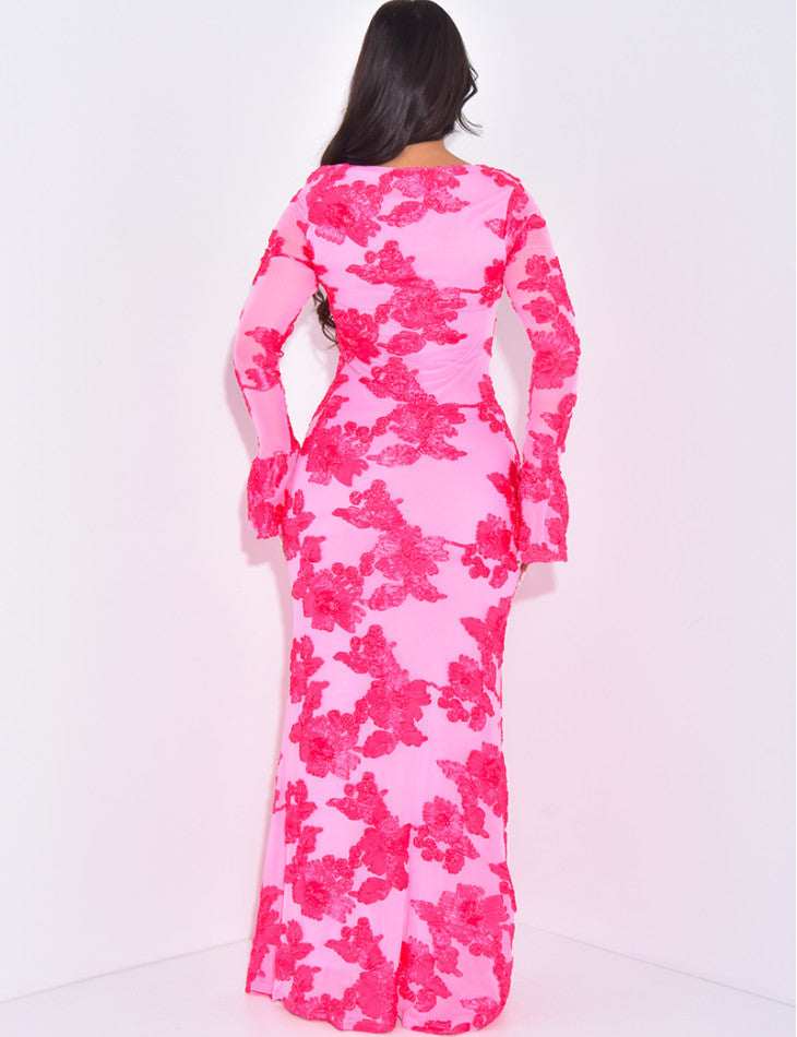 Scoop Neck Sheer Bell Sleeve Floral Sequin Embellished Mermaid Maxi Gown