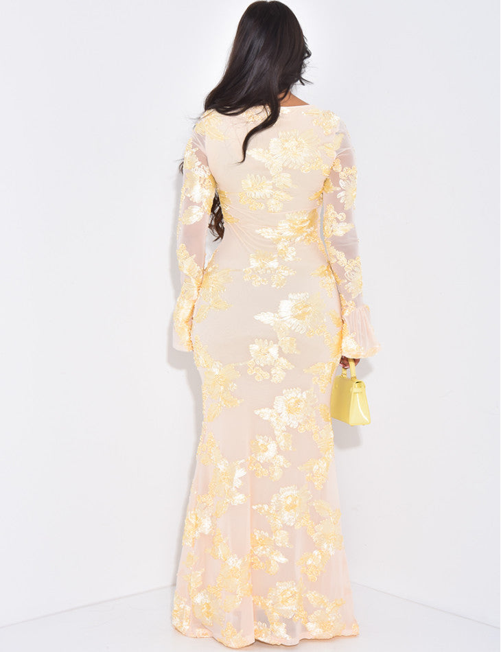 Scoop Neck Sheer Bell Sleeve Floral Sequin Embellished Mermaid Maxi Gown